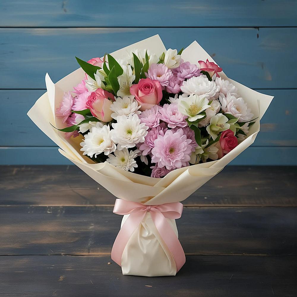 Букет цветов из: Хризантемы, Альстромерии и Розы в Радужном Ханты-Мансийского АО